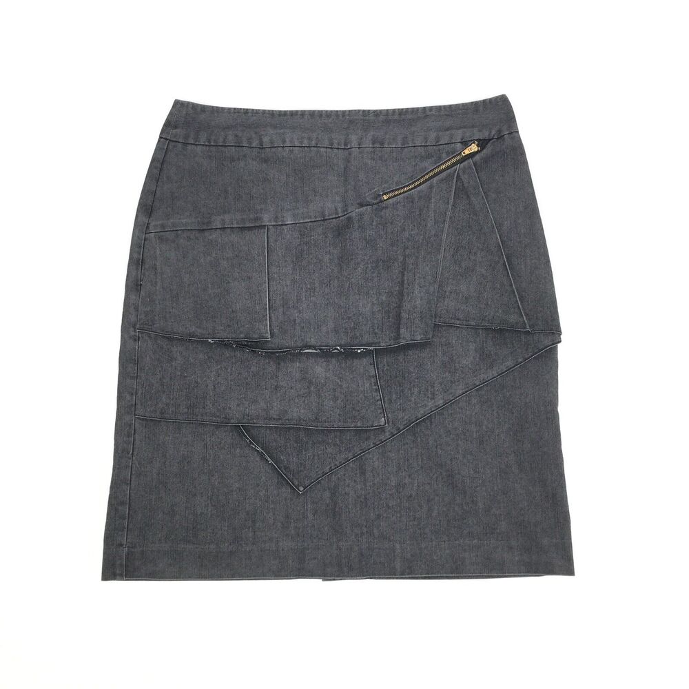 Larry Levine Stretch Teared Layered Ruffle Pencil Skirt 10 Womens Black Wash L